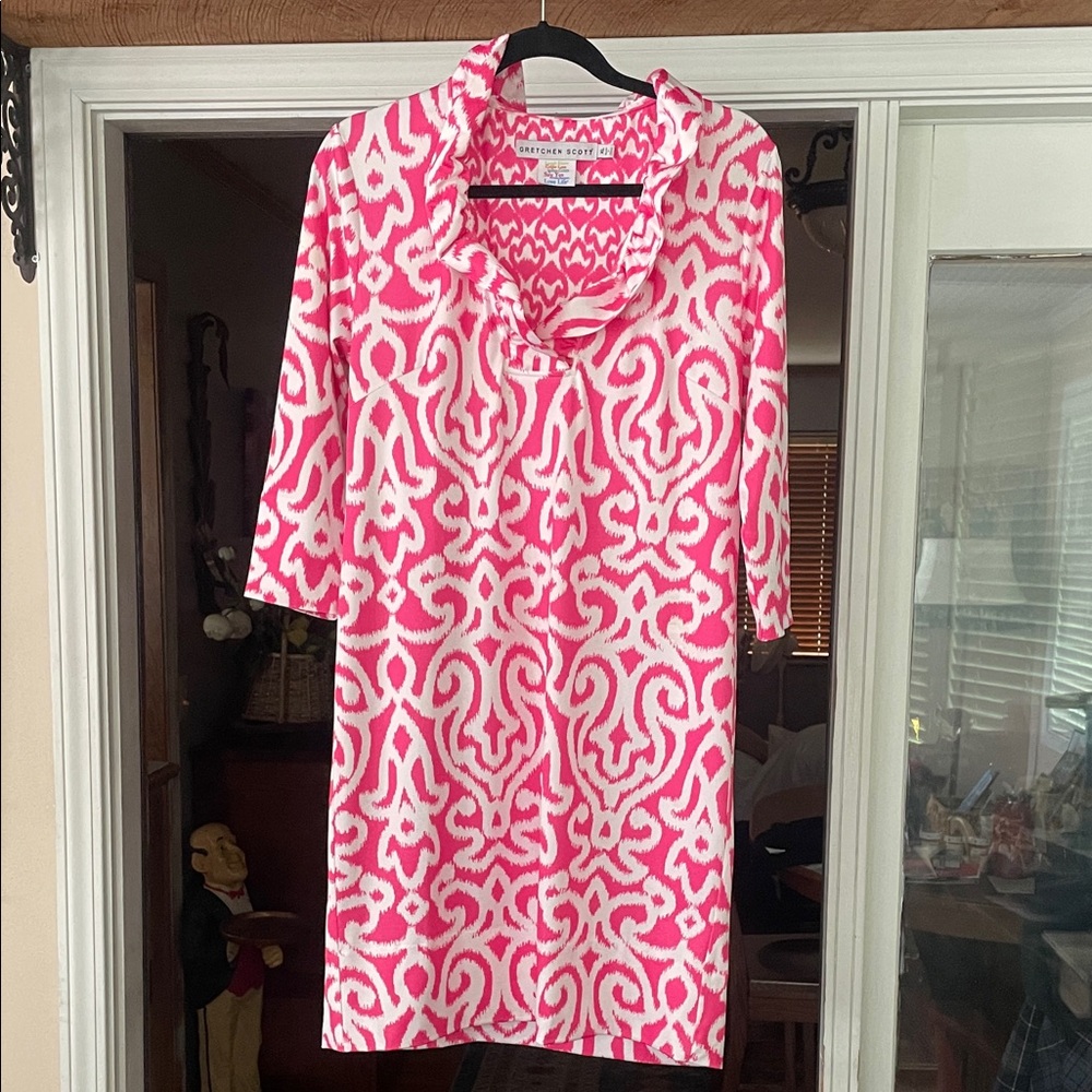 Gretchen Scott Designs Pink and White Printed Cowl Neck Dress